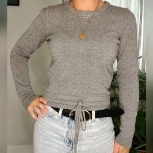 Heartloom Gray Cozy Crewneck Sweater Knit with a Waist Band Tie